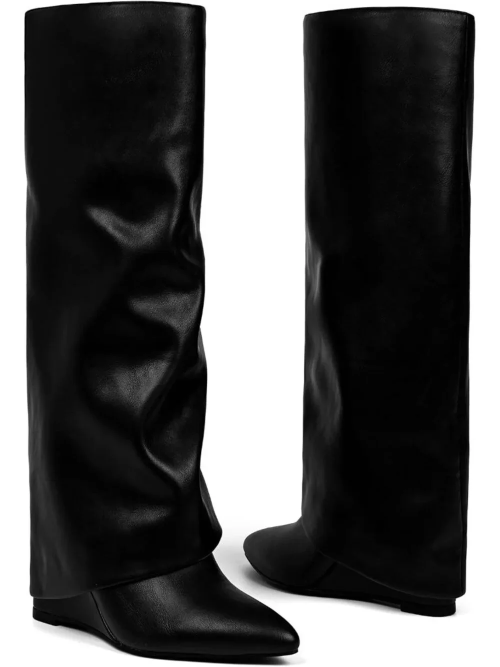 Women's Black Pu Wedge Heel Pointed Toe Faux Leather Over The Knee Boots
